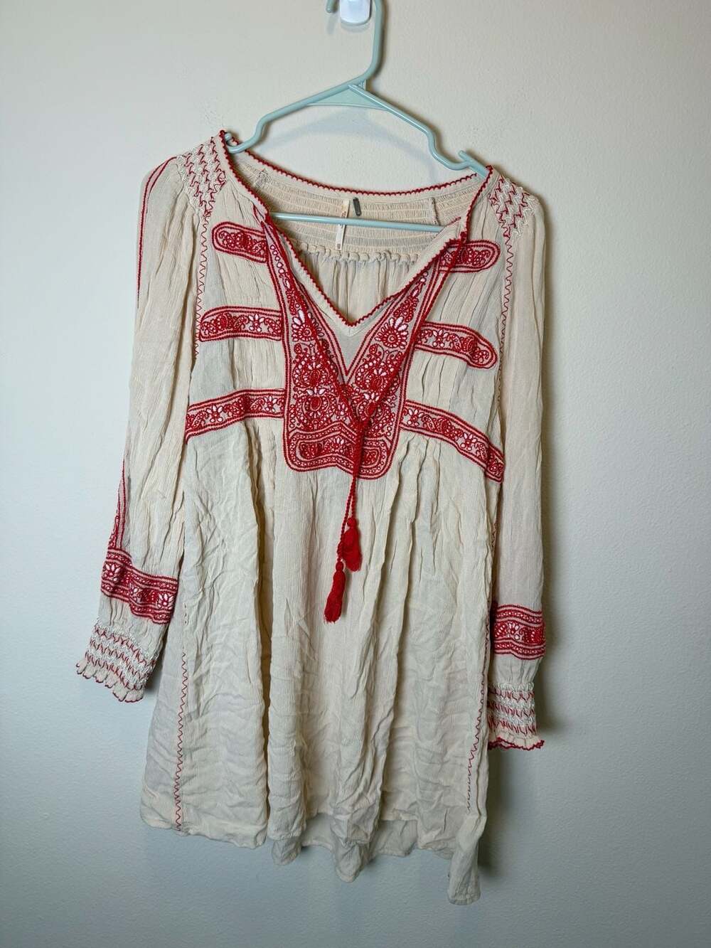 Free People Wind Willow Embroidered Dress Size XS Cream Red